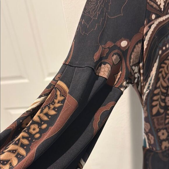 Hale Bob Brown Faux Wrap silk Dress with Bishop Sleeves size Large - Picture 4 of 14